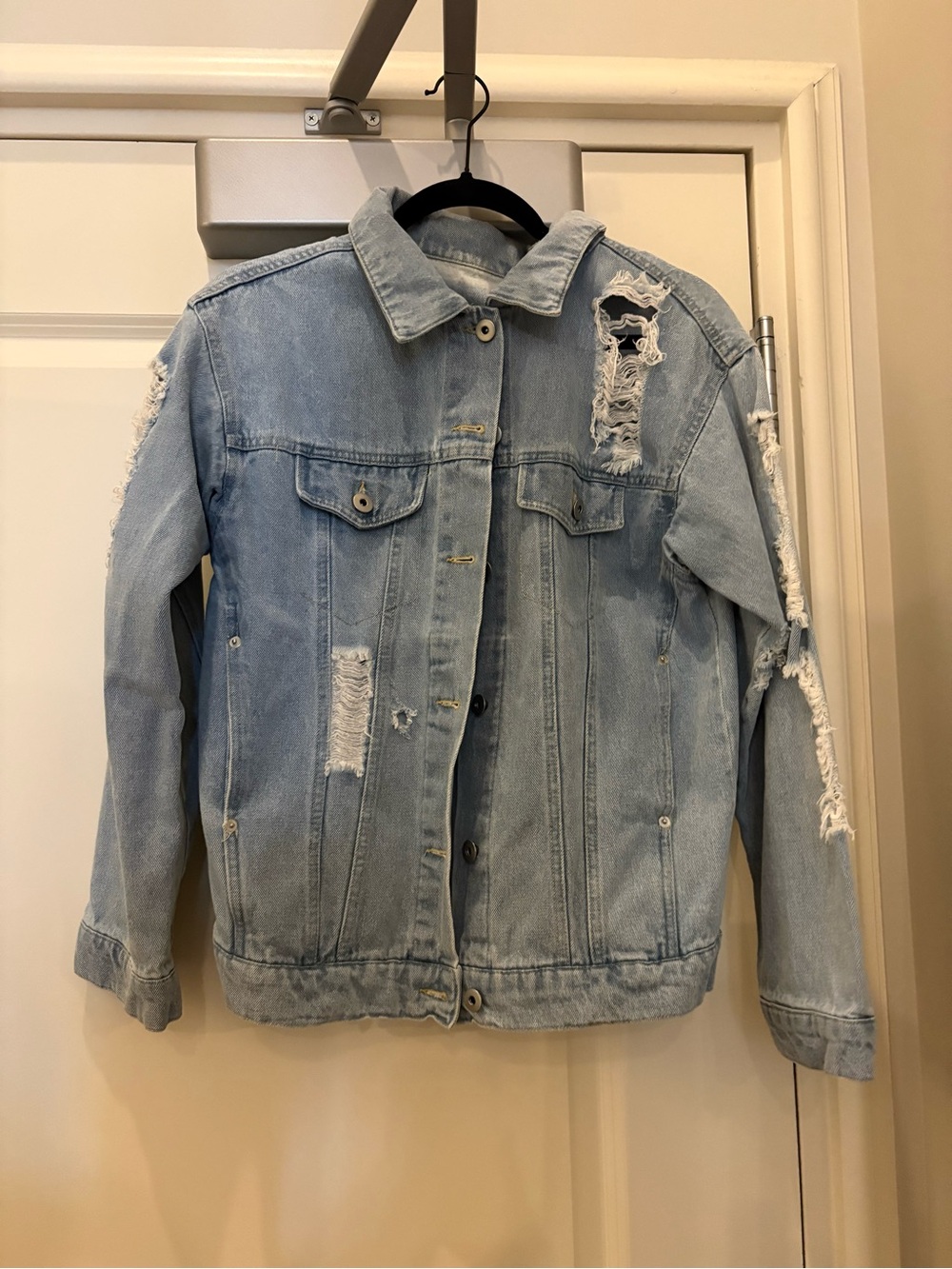 Light Blue Distressed Denim Jacket - Women's Casual Trucker